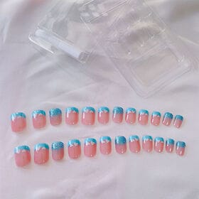 【24枚入】ネイルチップ フレンチネイル ピンク×ブルー系（タイプ：R481）