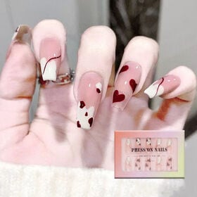 【30枚入】ネイルチップ ハートデザイン レッド×ホワイト
