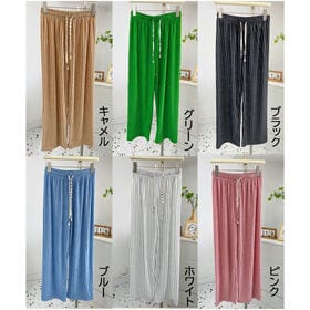 【キャメル】 ストライプワイドパンツ