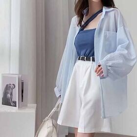 【ライトブルー】シャツカーディガン 透け感ボーダー