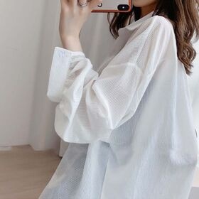 【ホワイト】シャツカーディガン 透け感ボーダー