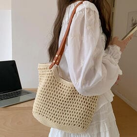 【ベージュ】レディース編みバッグ