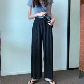 【ブラック】ウエストゴム ラメプリーツワイドパンツ