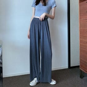 【ブルー】ウエストゴム ラメプリーツワイドパンツ