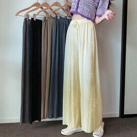 【ブルー】ウエストゴム ラメプリーツワイドパンツ