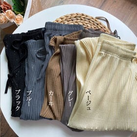 【グレー】ウエストゴム ラメプリーツワイドパンツ