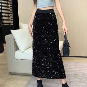 【ブラック】スパンコールミディ丈スカート