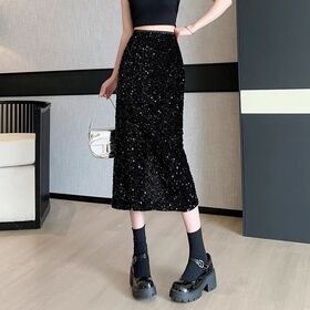 【ブラック】スパンコールミディ丈スカート