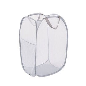 【グレー・縦型】折りたたみメッシュランドリーバスケット