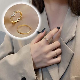 【ゴールド】蝶々のオープンリングとシンプルリングの2点セット