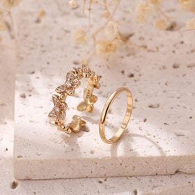 【ゴールド】蝶々のオープンリングとシンプルリングの2点セット