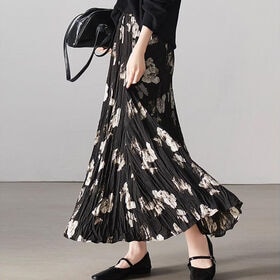 【ブラック】花柄 ロングフレアスカート