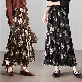 【ブラック】花柄 ロングフレアスカート
