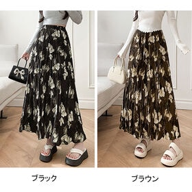 【ブラック】花柄 ロングフレアスカート