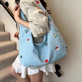 【ブルー】可愛いミニ刺繍がポイントのデニムショルダー