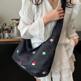 【ネイビー】可愛いミニ刺繍がポイントのデニムショルダー