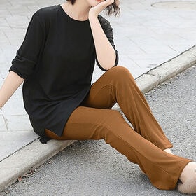 【キャメル/フラットタイプ】 ウエストゴム フレアリブパンツ