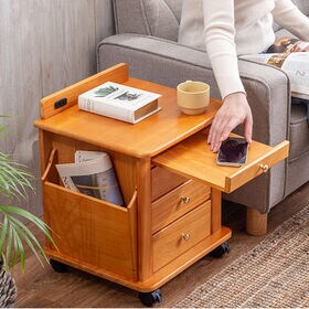 【ライトブラウン】天然木リビングワゴン コンセント付