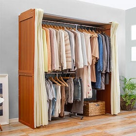 【ブラウン】木製伸縮式クローゼットハンガーラック/横幅約11...