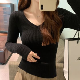 【ブラック】薄手 Vネックニットソー