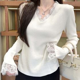【ホワイト】レース切り替えニットセーター