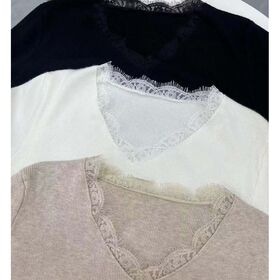 【ブラック】レース切り替えニットセーター