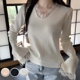 【ベージュ】レース切り替えニットセーター