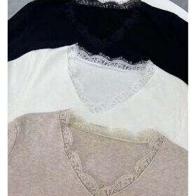 【ベージュ】レース切り替えニットセーター