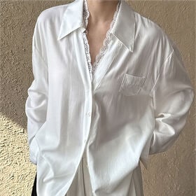 【ホワイト】 レース付きシャツ