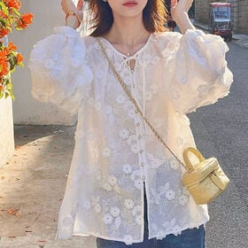【ホワイト/Mサイズ】花柄刺繍ブラウス