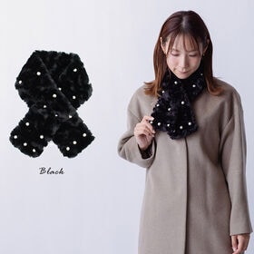 【ブラック】パールが並んだ ボアマフラー 差し込みティペット