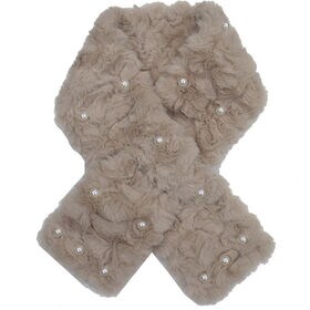 【ベージュ】パールが並んだ ボアマフラー 差し込みティペット