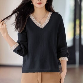 【ブラック】レース切り替え Vネックニットトップス