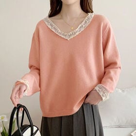 【ピンク】レース切り替え Vネックニットトップス