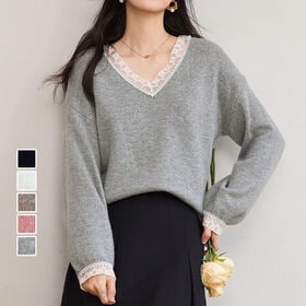 【ピンク】レース切り替え Vネックニットトップス