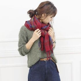 【イエローレッド/チェック】ストール　柔らかく巻きやすい 男女兼用