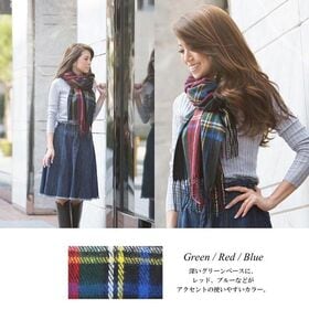 【グリーンレッドブルー/チェック】ストール　柔らかく巻きやすい 男女兼用