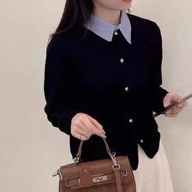 【ブラック】襟付き長袖ニットセーター | シャツ切り替えのVネックがすっきりと魅せてくれる 普段着からオフィスカジュアルに