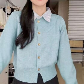 【ブルー】襟付き長袖ニットセーター | シャツ切り替えのVネックがすっきりと魅せてくれる 普段着からオフィスカジュアルに