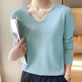 【ブルー】薄手Vネックニット