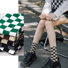 【ホワイトグリーン】ブロックチェック柄ソックス
