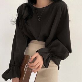 【ダークブラウン/Lサイズ】パフスリーブブラウス