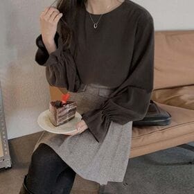 【ダークブラウン/Lサイズ】パフスリーブブラウス