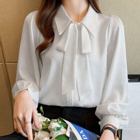 【ホワイト/Lサイズ】リボン付きシャツラウス | 大人かわいいリボン付きシャツブラウス