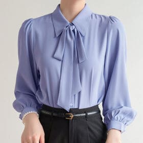 【ブルー/Mサイズ】リボン付きシャツラウス | 大人かわいいリボン付きシャツブラウス