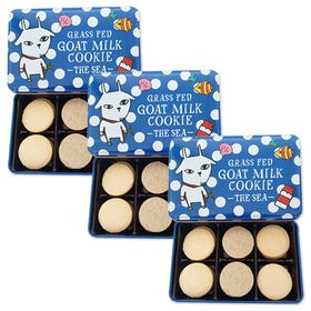 【青缶/18枚入×3缶】プレミアム ヤギミルククッキー(ホタテ、アカモク、うに) | 岩手県宮古市の広大な山々で、完全自然放牧で育ったヤギのミルクを贅沢に使用