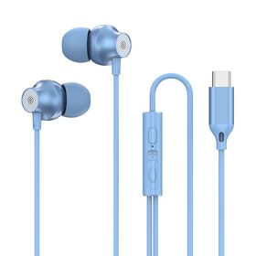 【ブルー】有線カナル型イヤホン Type-C マイク・音量調整付き | 多機能リモコン＋マイク付き有線イヤホン