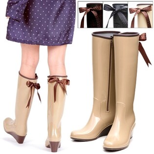 【ベージュ・24.5cm】レインブーツ（ロングタイプ）リボン付き
