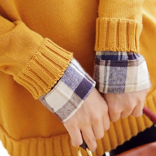 45rpmマスタードチェックハイネックニット マスタード】チェックシャツ重ね着風ニットを税込・送料込でお試し