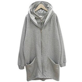 重ね着風裏起毛ダブルジップロング丈パーカー【グレーXL】を税込・送料  